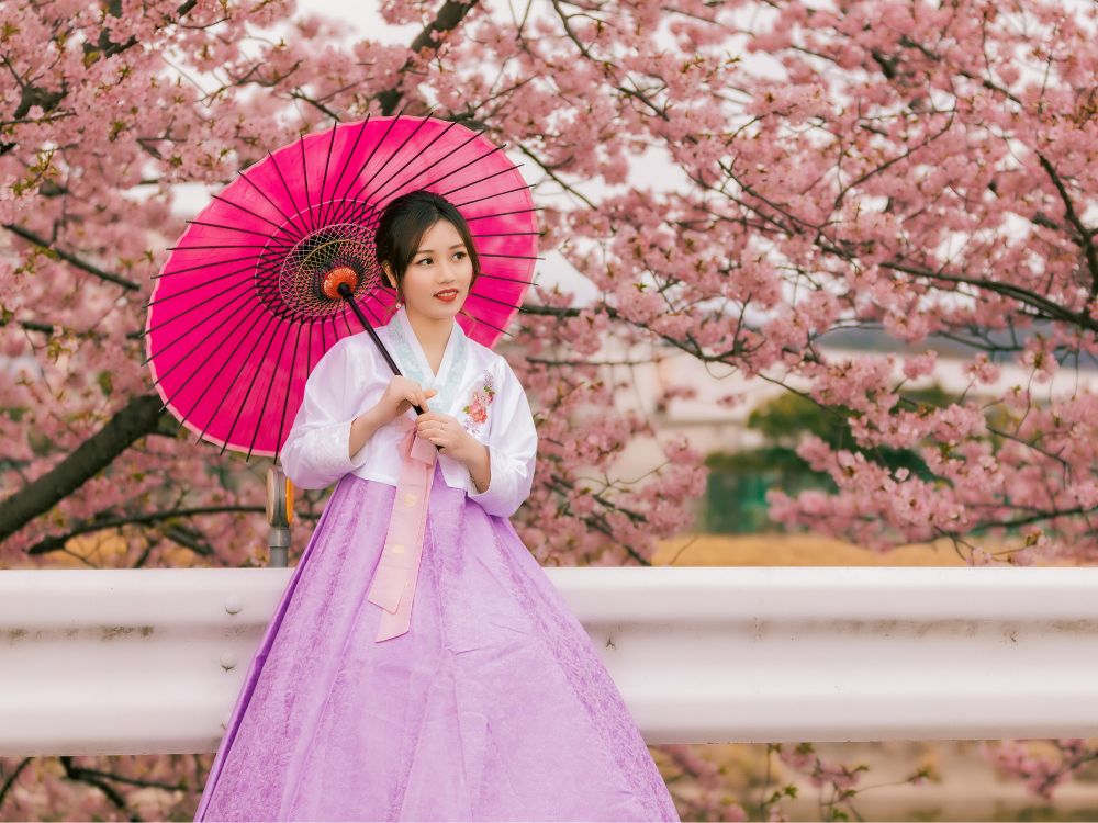 Imgaem retrata uma moça vestida de Hanbok, traje tipicamente coreano