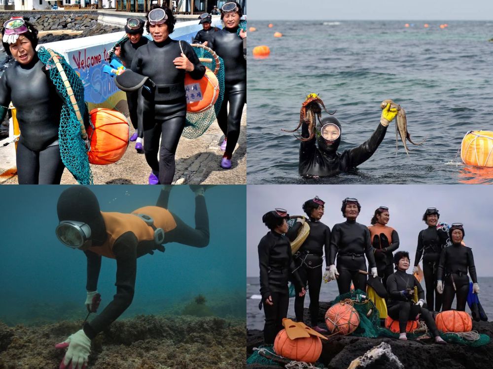 Haenyeo mergulhadoras da ilha de Jeju, representando os costumes tradicionais da Coreai do Sul