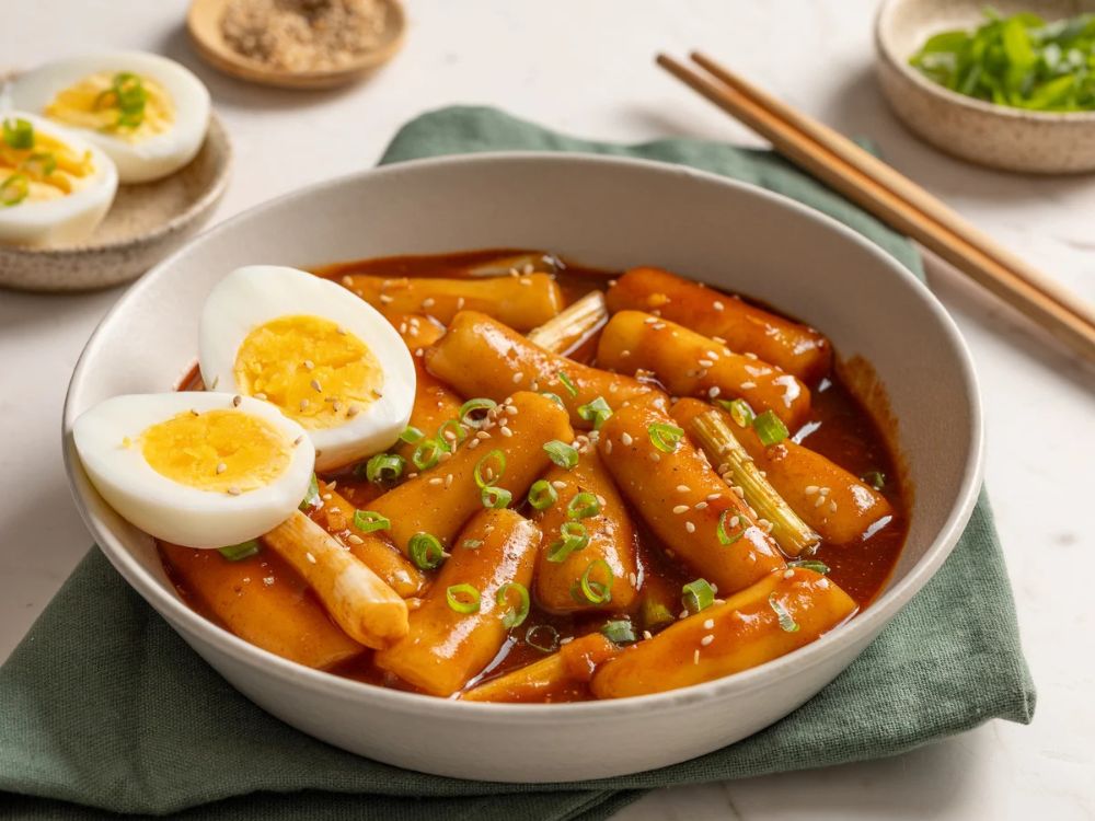 Imgaem retrata o Tteokbokki prato Sul Coreano, consiste em bolinhos de arroz com molho apimentado, acompanhado ou não de ovo cozido.