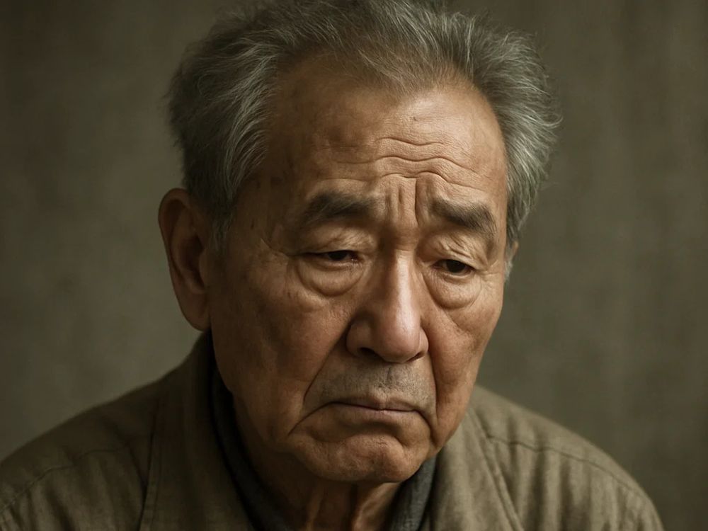 Imagem de um sul-coreano idoso e triste